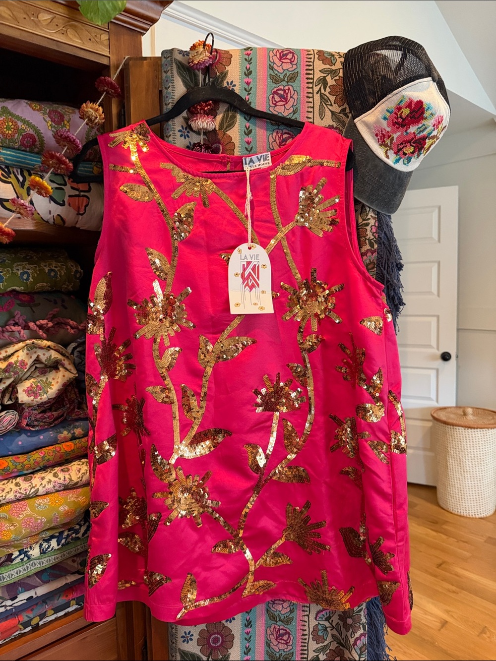 La Vie style house Hot Pink Sequin Floral Dress
